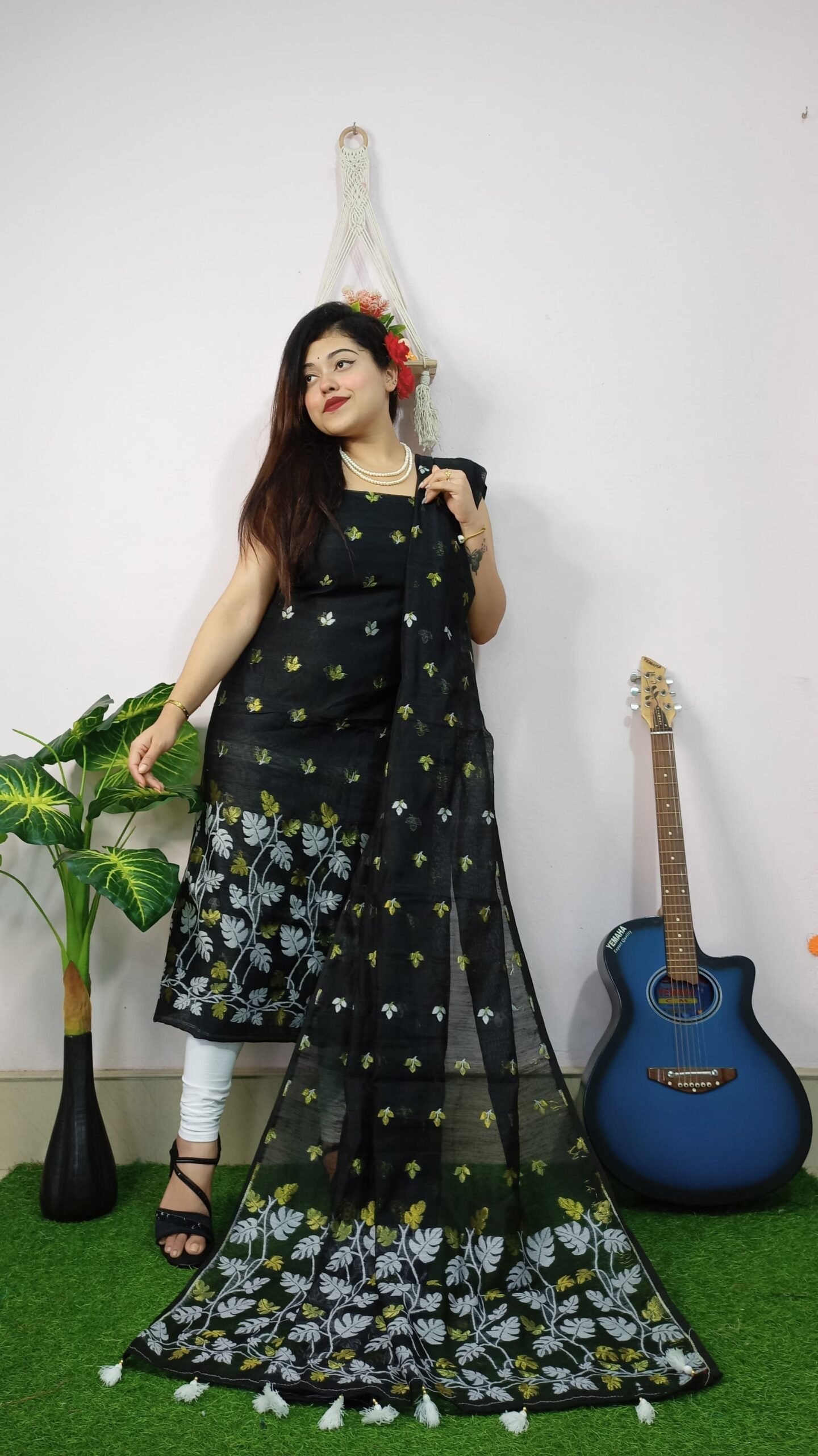 Money Planet Black Cotton Unstitched Jamdani Suit Set