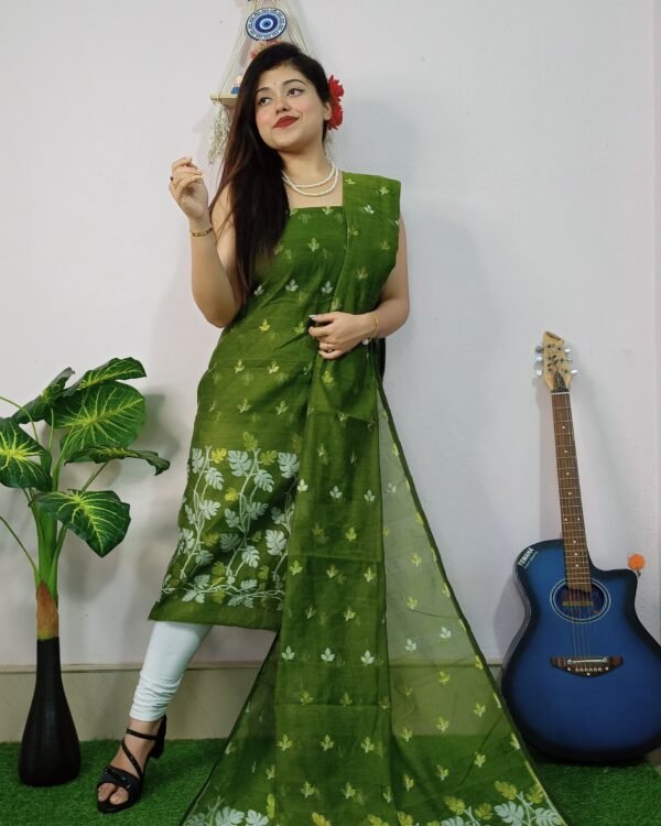 Money Planet Bottol Green Cotton Unstitched Jamdani Suit Set