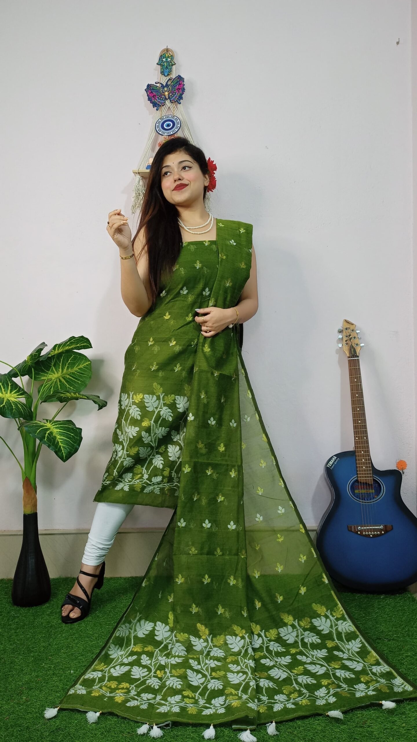 Money Planet Bottol Green Cotton Unstitched Jamdani Suit Set