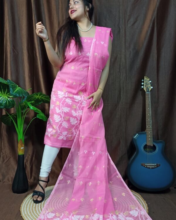 Money Planet Pink Cotton Unstitched Jamdani Suit Set