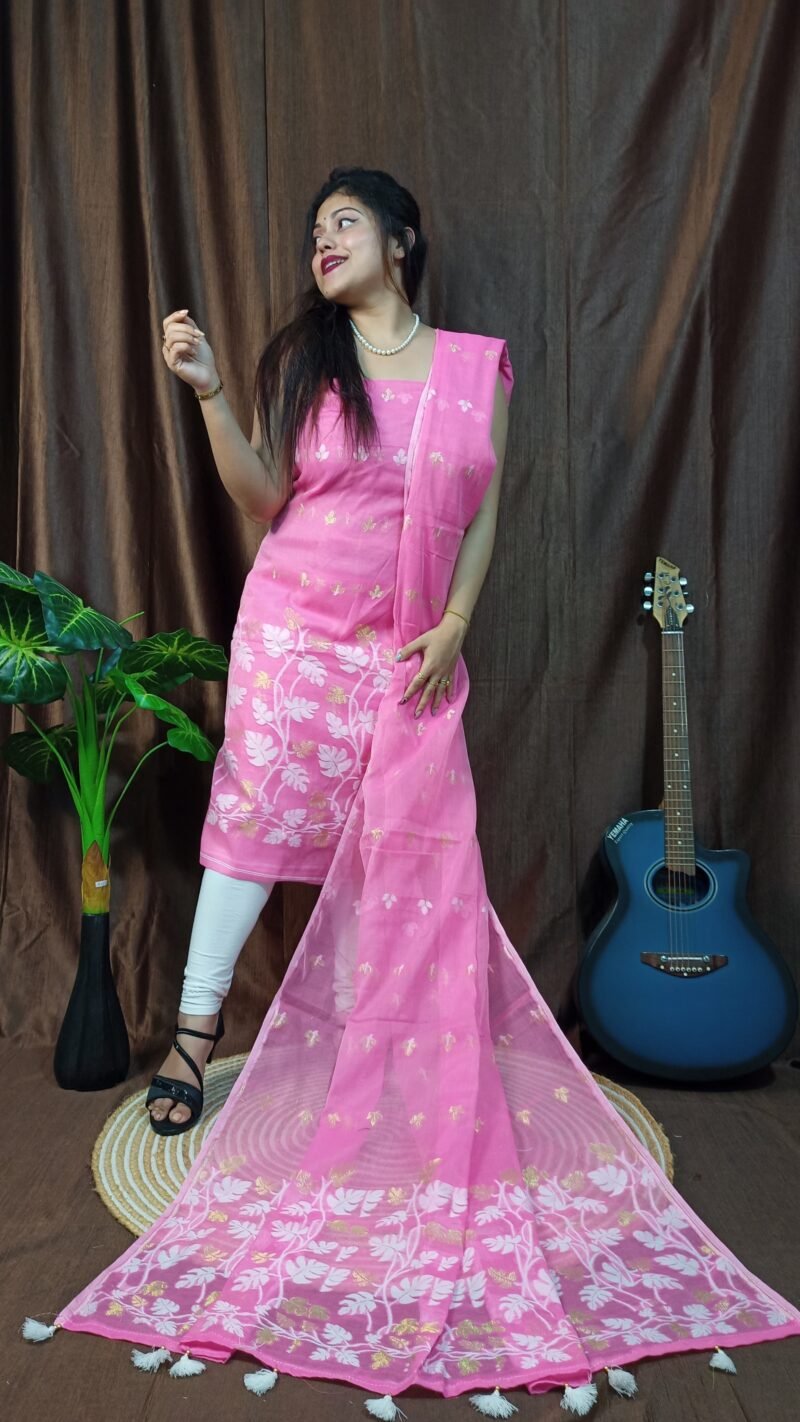 Money Planet Pink Cotton Unstitched Jamdani Suit Set