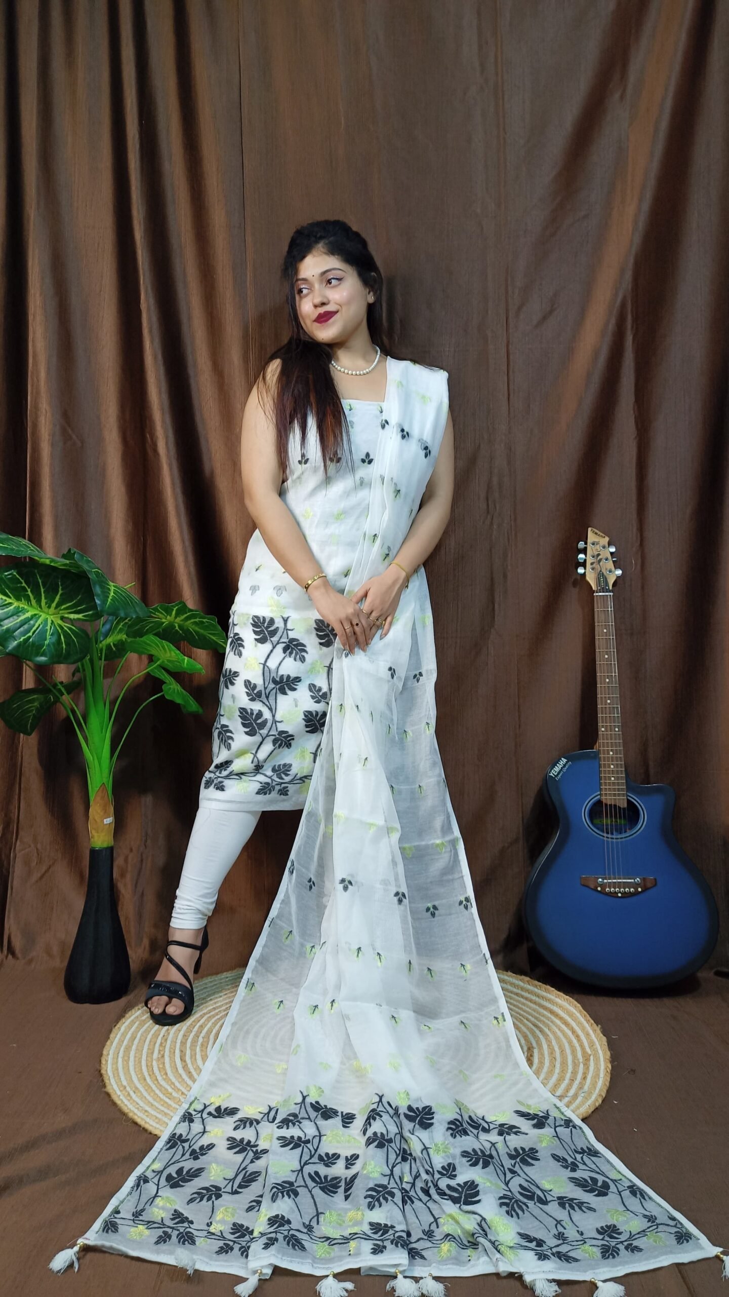 Money Planet White Black Cotton Unstitched Jamdani Suit Set