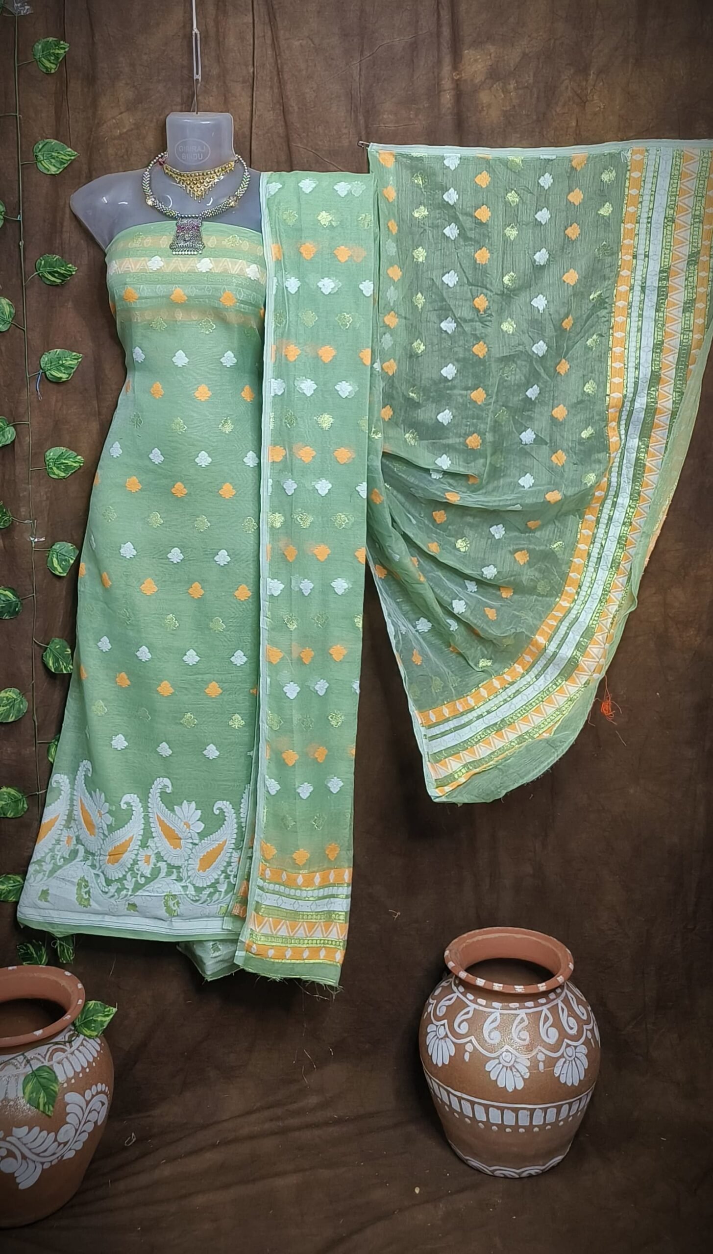 Kolka Olive Unstitched Jamdani Kurti Set