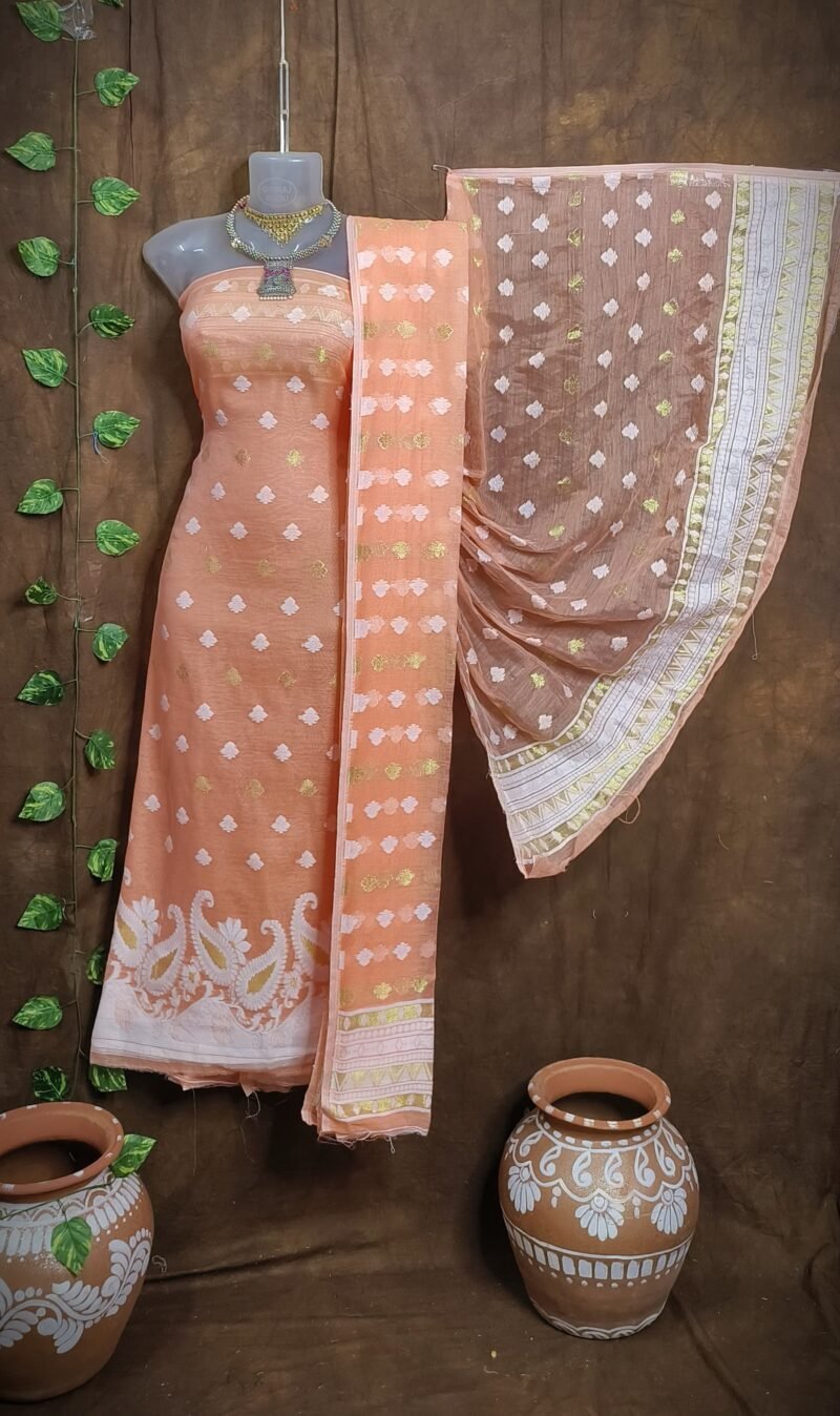 Kolka Peach Unstitched Jamdani Kurti Set