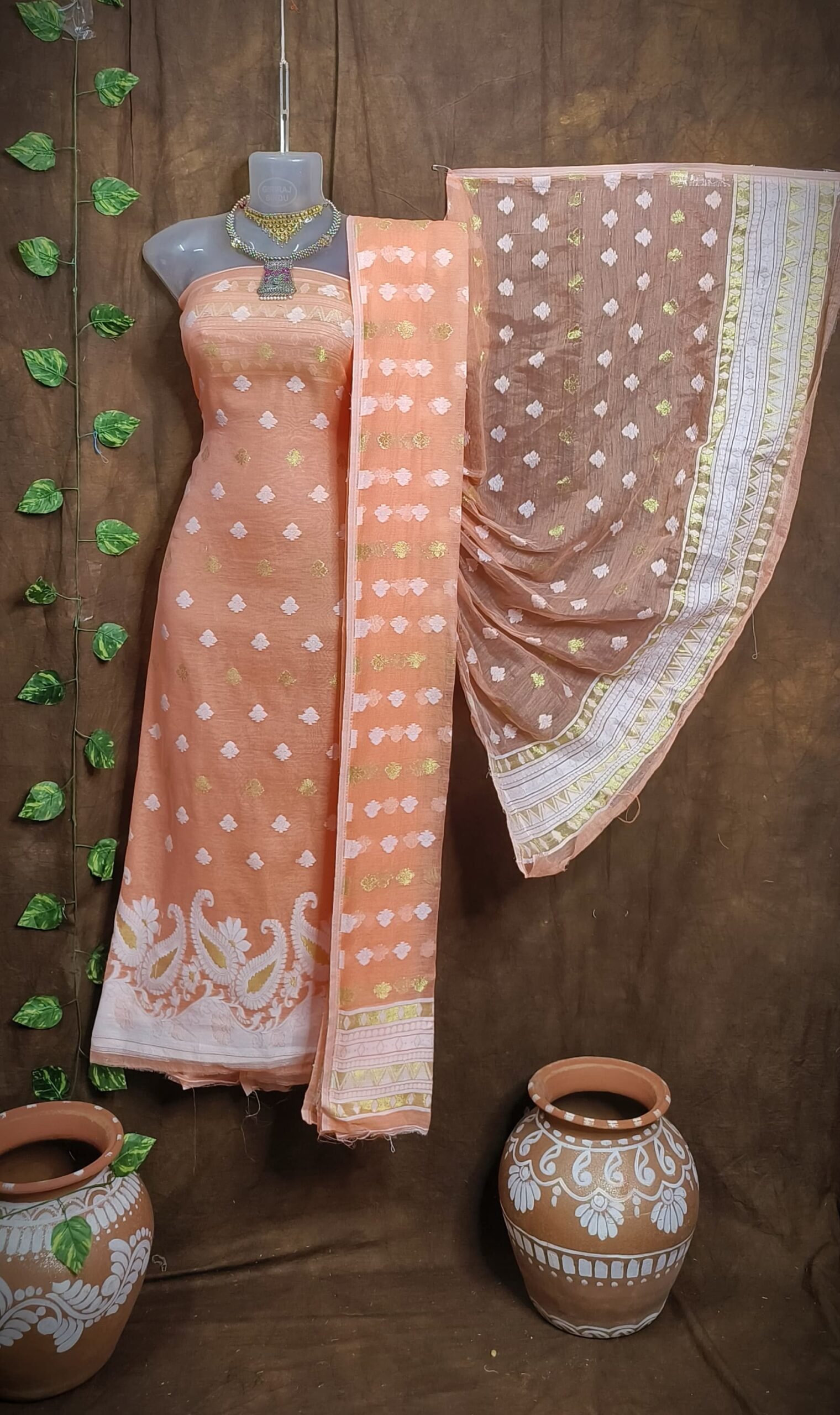 Kolka Peach Unstitched Jamdani Kurti Set