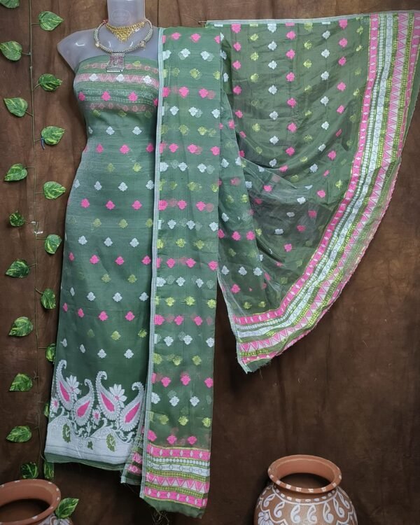 Kolka Bottol Green Unstitched Jamdani Kurti Set