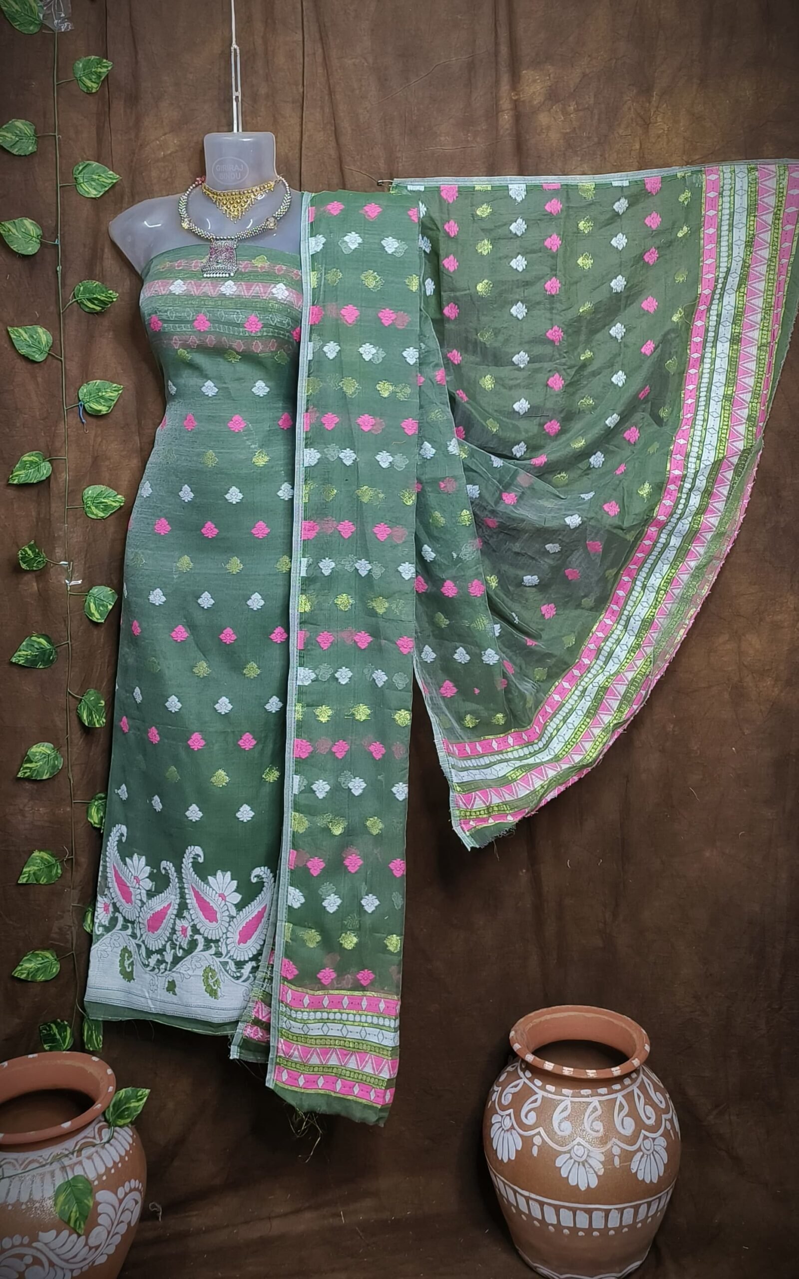 Kolka Bottol Green Unstitched Jamdani Kurti Set
