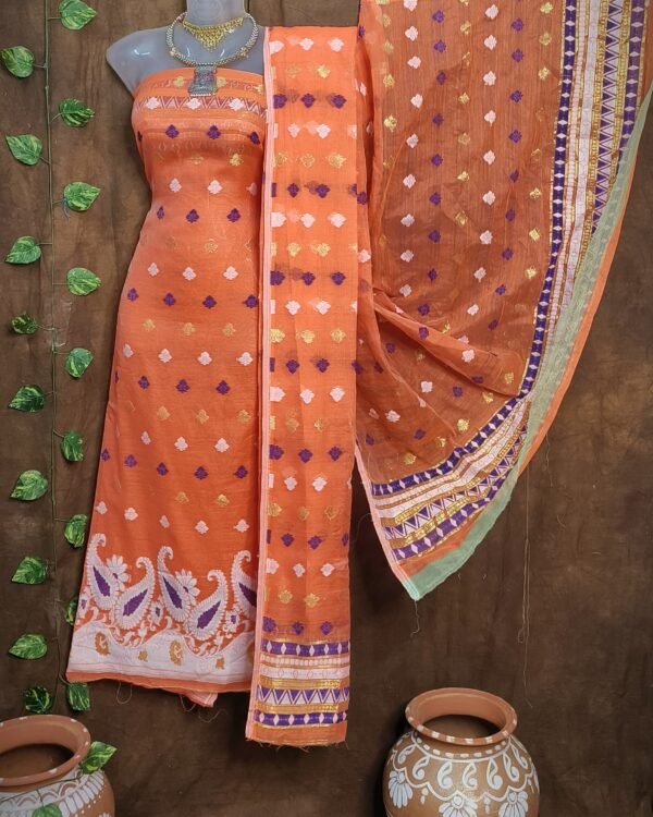 Kolka Orange Unstitched Jamdani Kurti Set