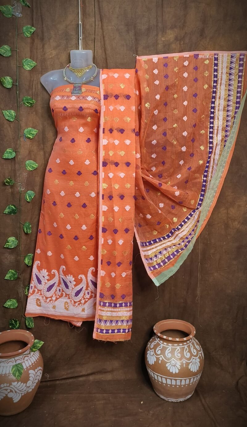 Kolka Orange Unstitched Jamdani Kurti Set