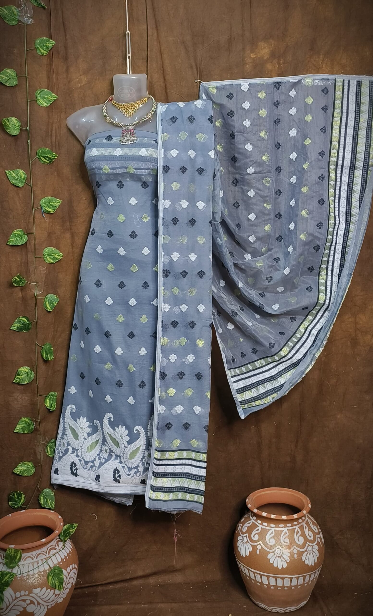 Kolka Grey Unstitched Jamdani Kurti Set