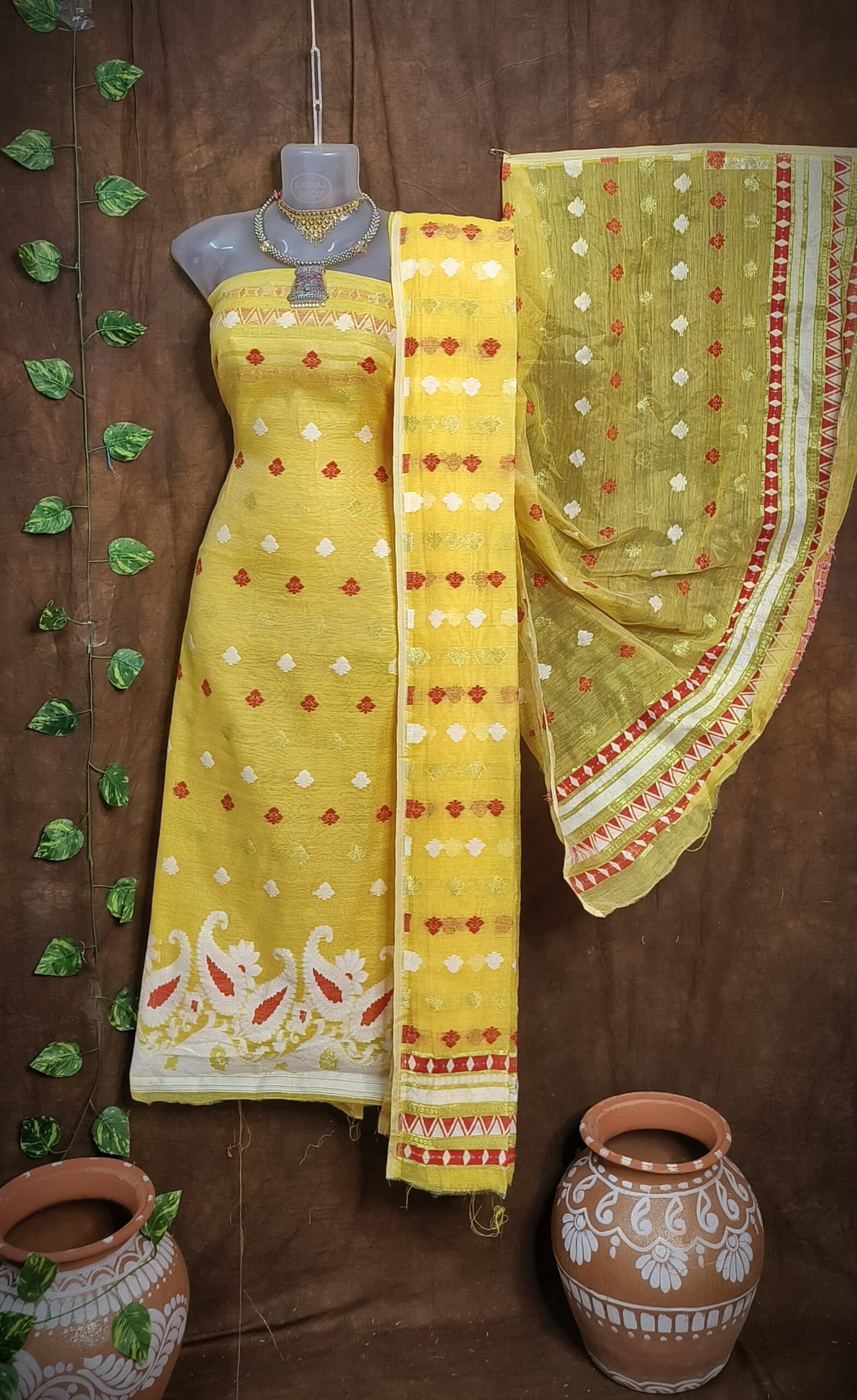 Kolka Yellow Unstitched Jamdani Kurti Set