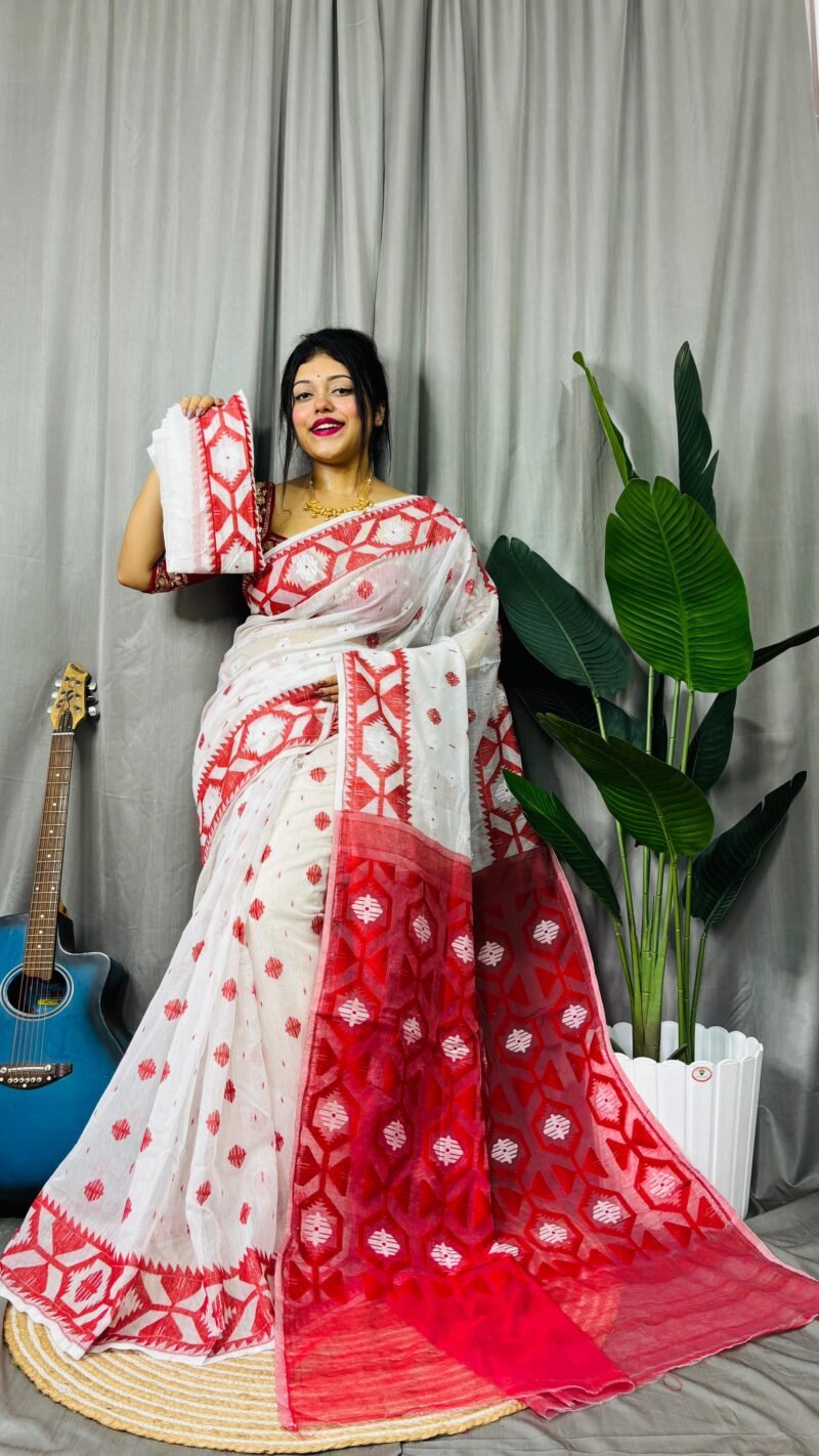Borfi Soft Red White Jamdani Saree - Image 2