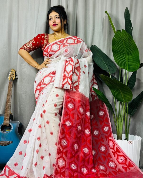 Borfi Soft Red White Jamdani Saree