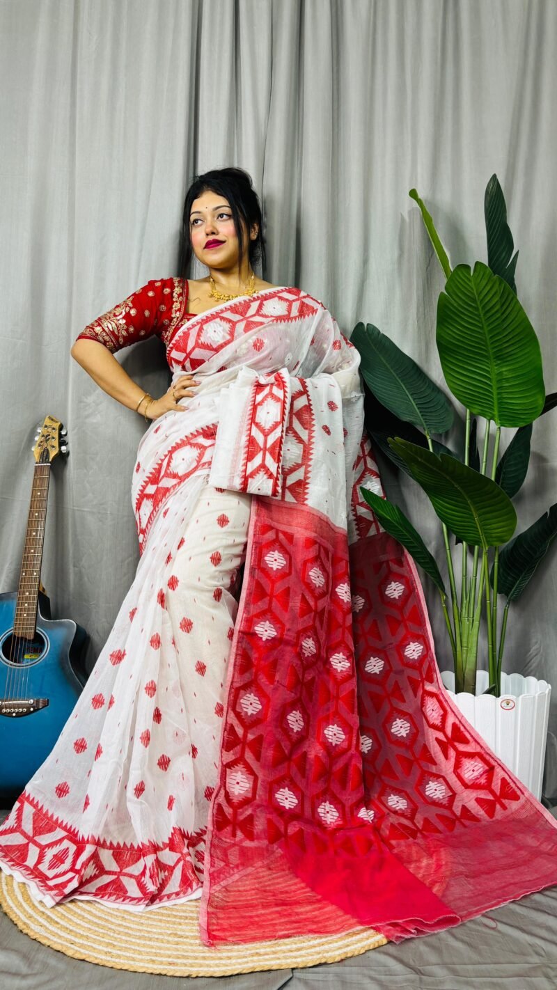 Borfi Soft Red White Jamdani Saree