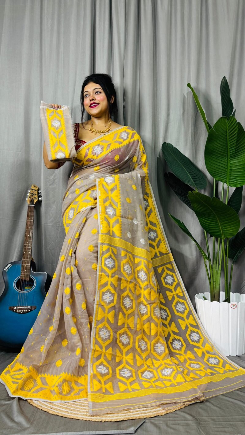 Borfi Soft Ghiya Yellow Jamdani Saree - Image 3