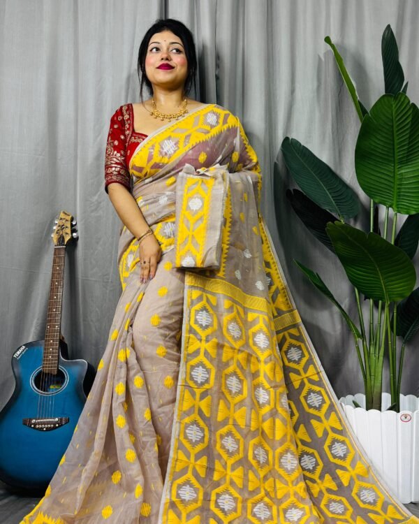 Borfi Soft Ghiya Yellow Jamdani Saree