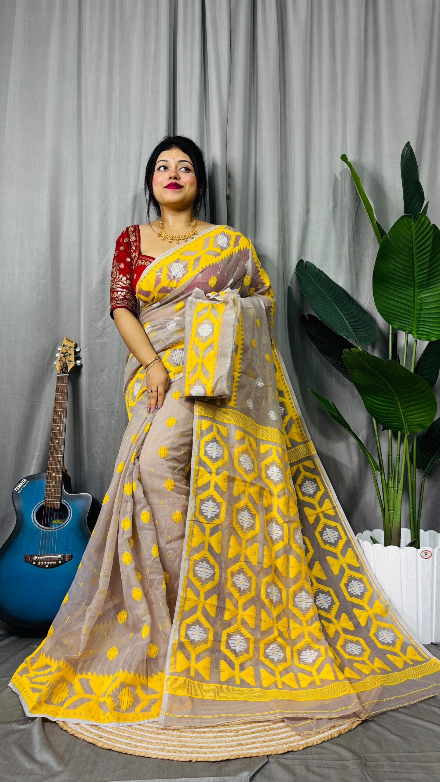 Borfi Soft Ghiya Yellow Jamdani Saree