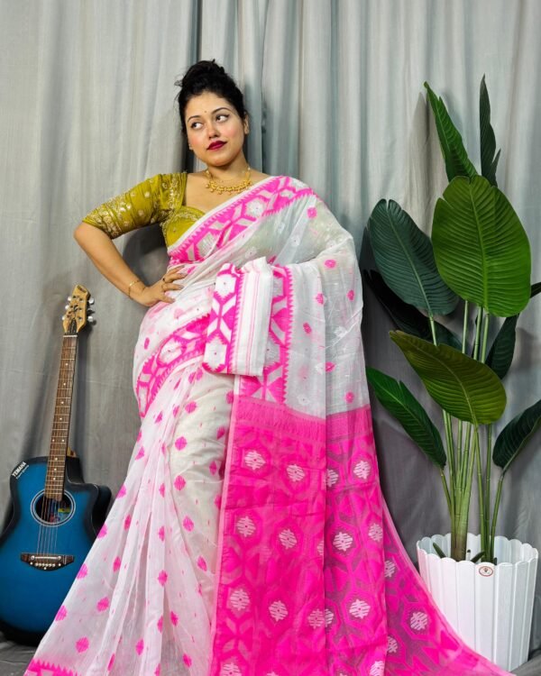 Borfi Soft White Pink Jamdani Saree