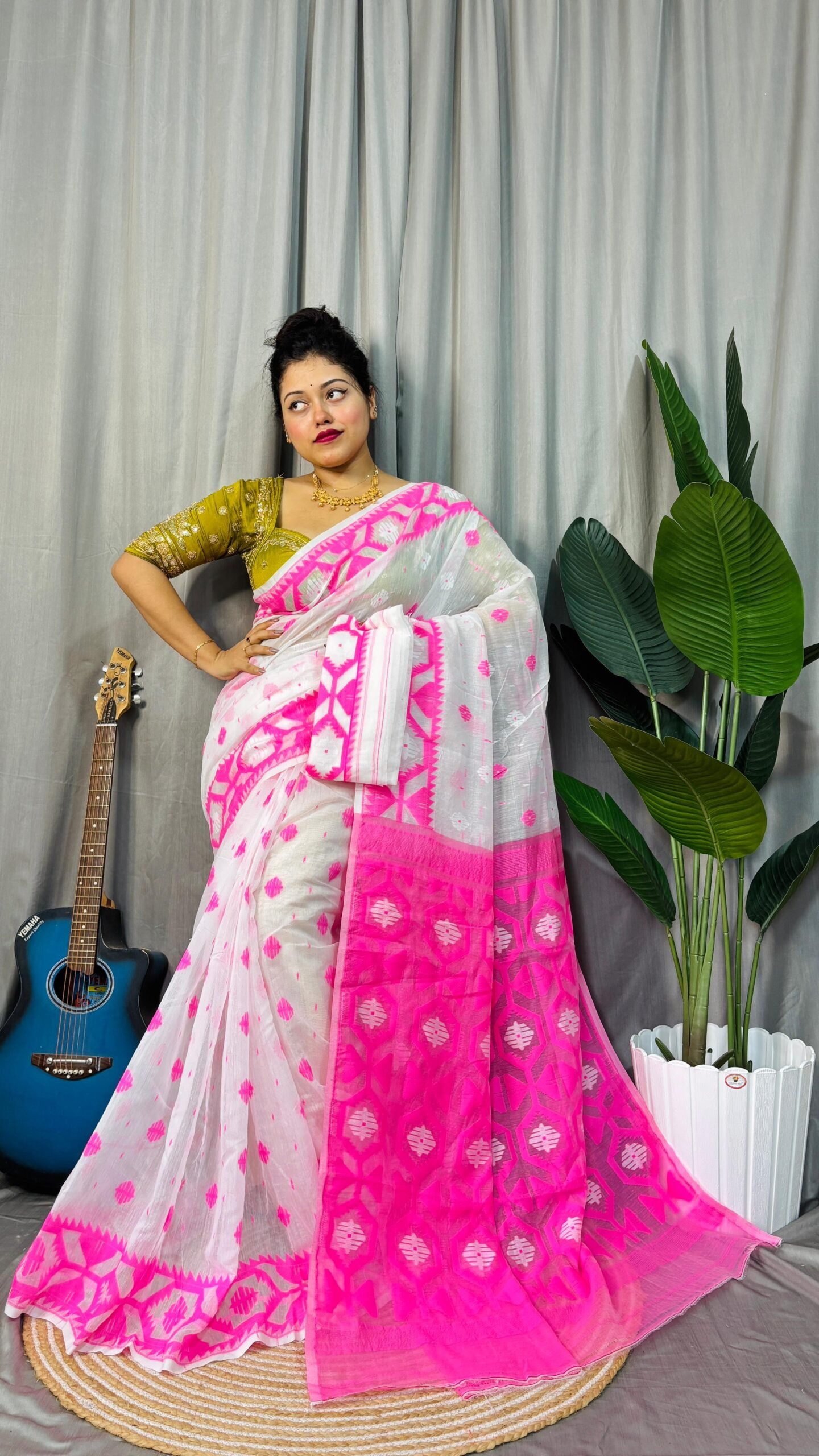 Borfi Soft White Pink Jamdani Saree