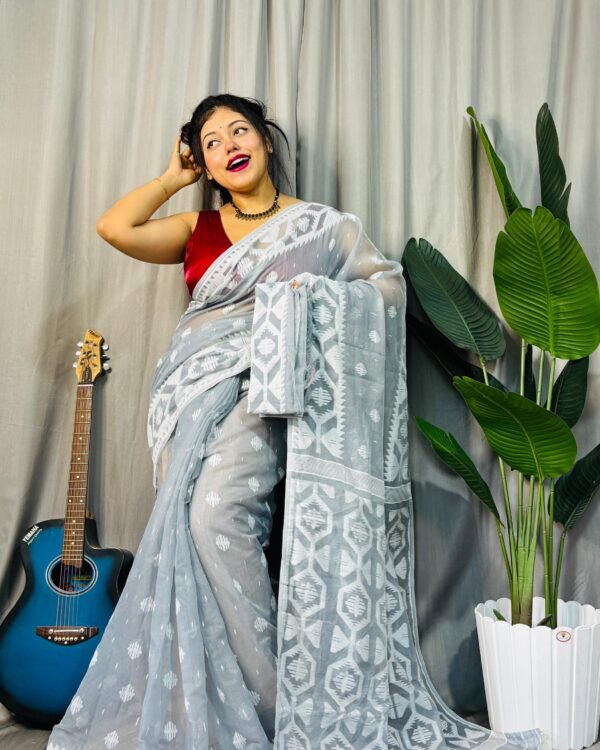 Borfi Soft Grey White Jamdani Saree