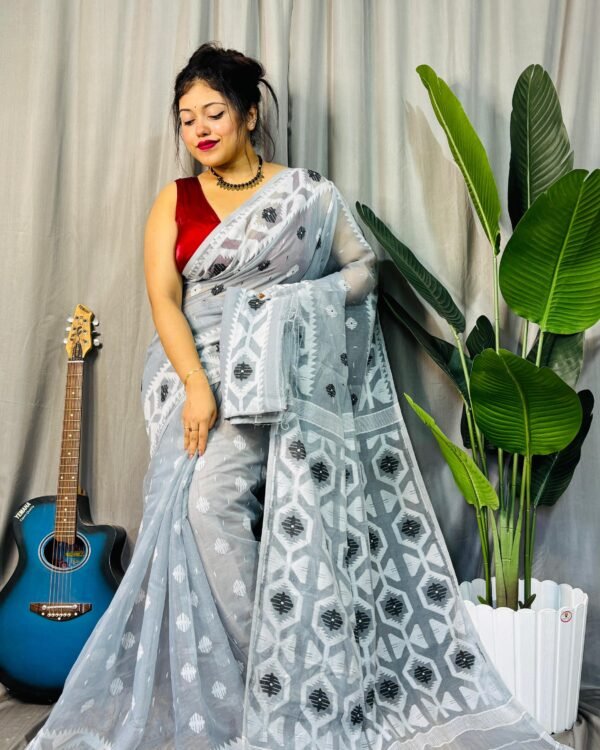 Borfi Soft Grey Black Jamdani Saree