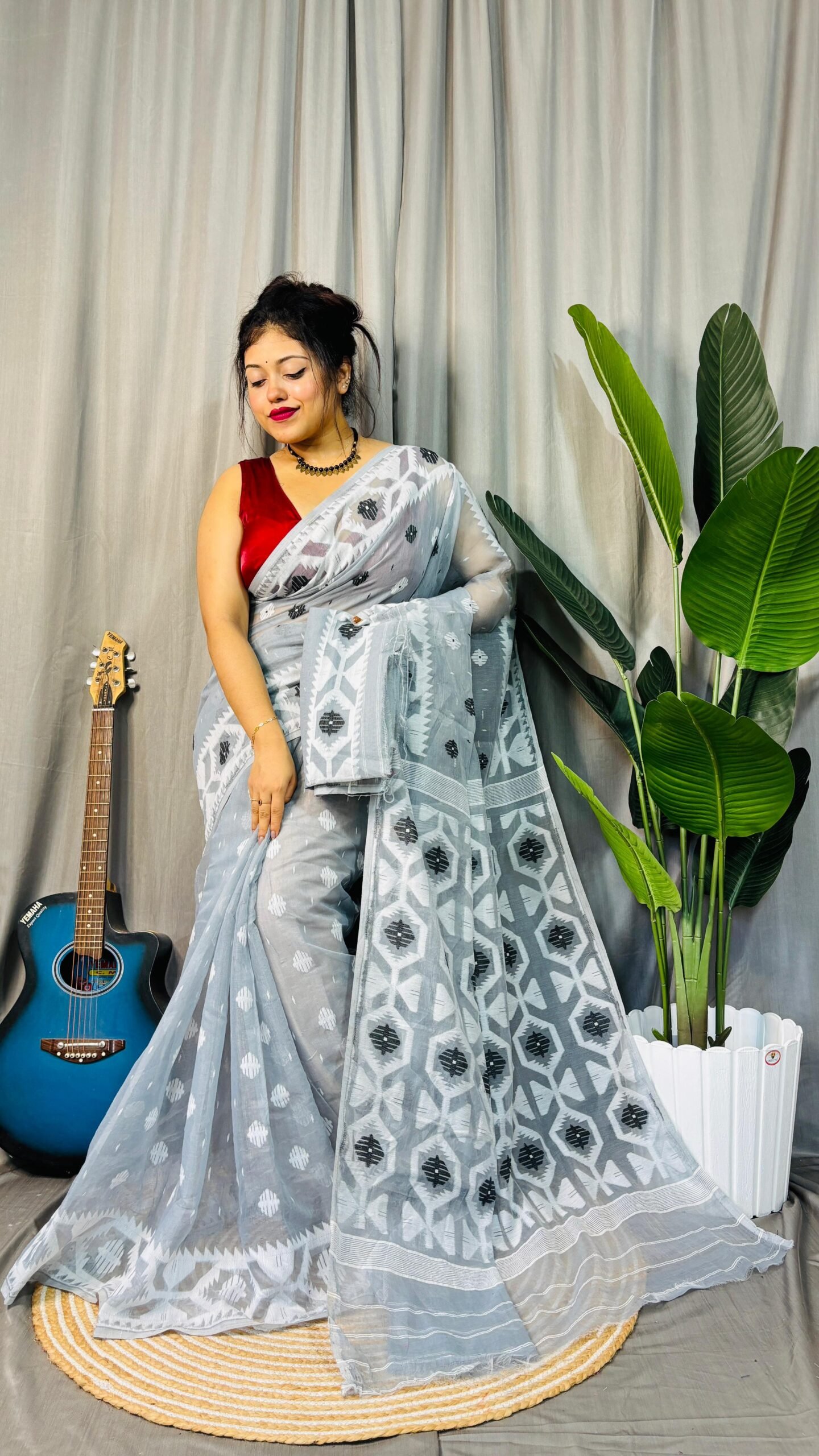 Borfi Soft Grey Black Jamdani Saree