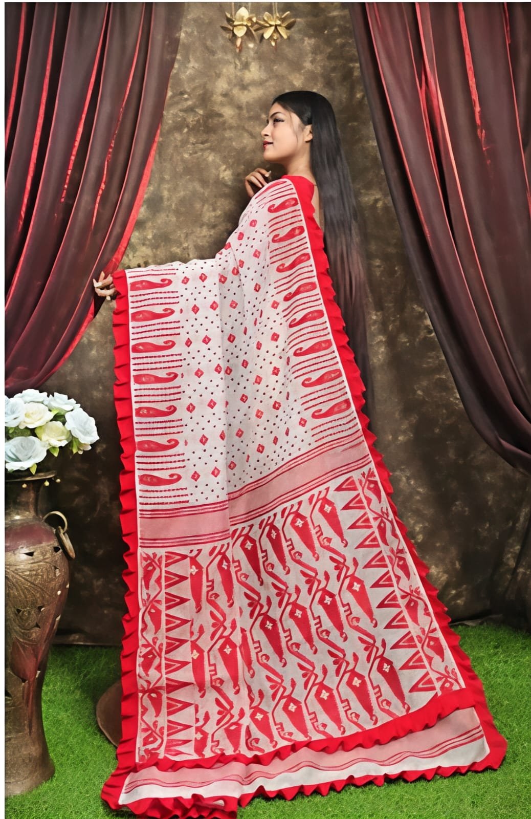 Rafel White Red Soft Jamdani Saree - Image 3