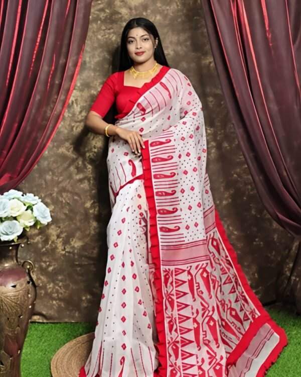 Rafel White Red Soft Jamdani Saree
