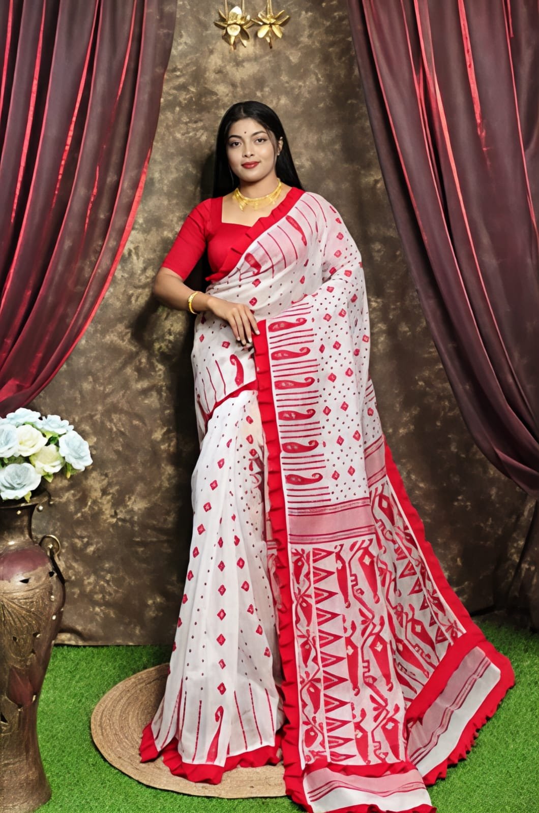 Rafel White Red Soft Jamdani Saree