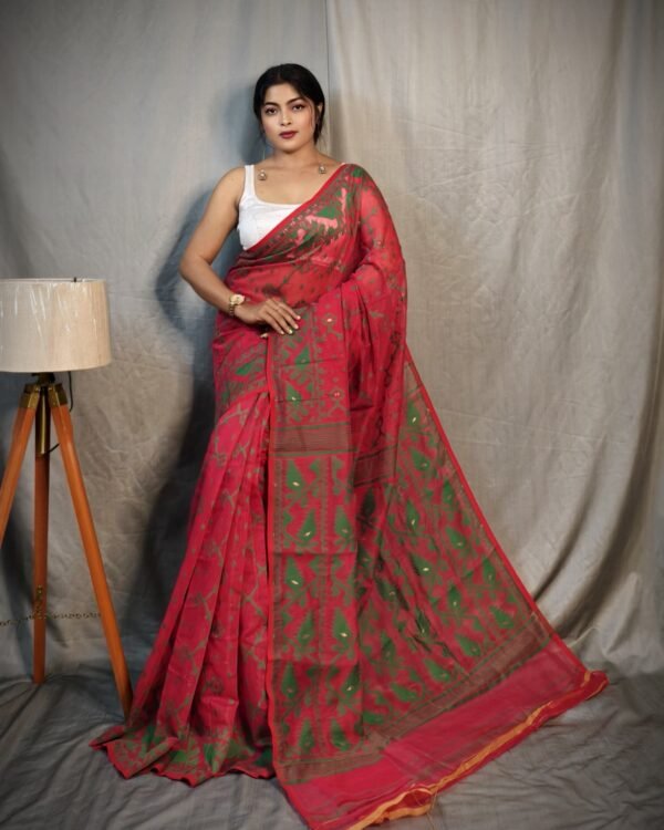 Jhumko Red Green Soft Jamdani Saree
