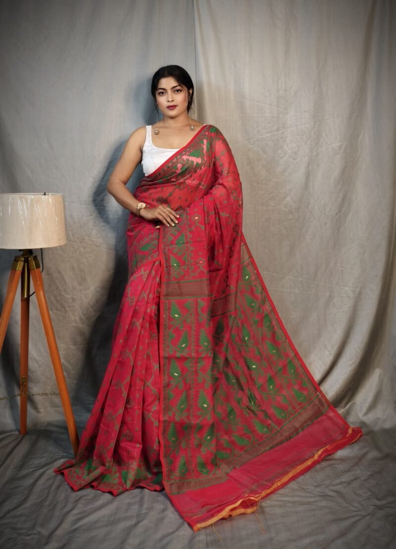 Jhumko Red Green Soft Jamdani Saree