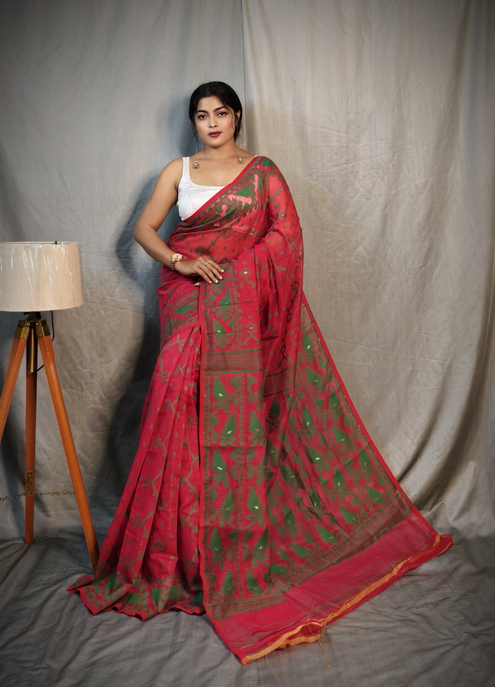 Jhumko Red Green Soft Jamdani Saree