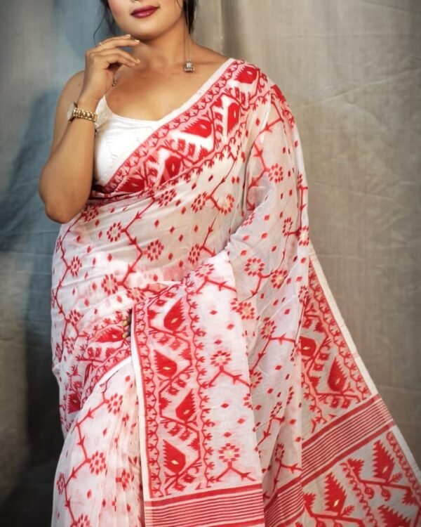 Jhumko White Red Soft Jamdani Saree