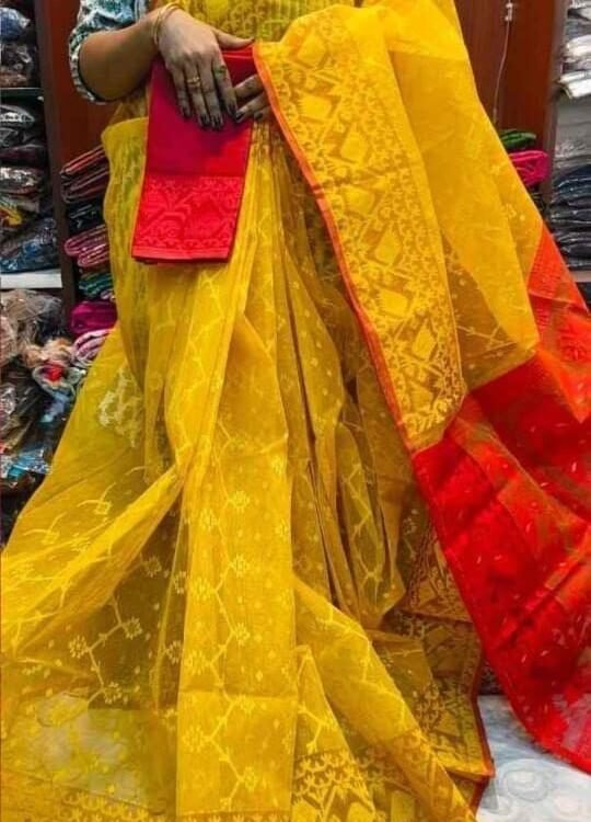 Jhumko Yellow Red  Soft Jamdani Saree