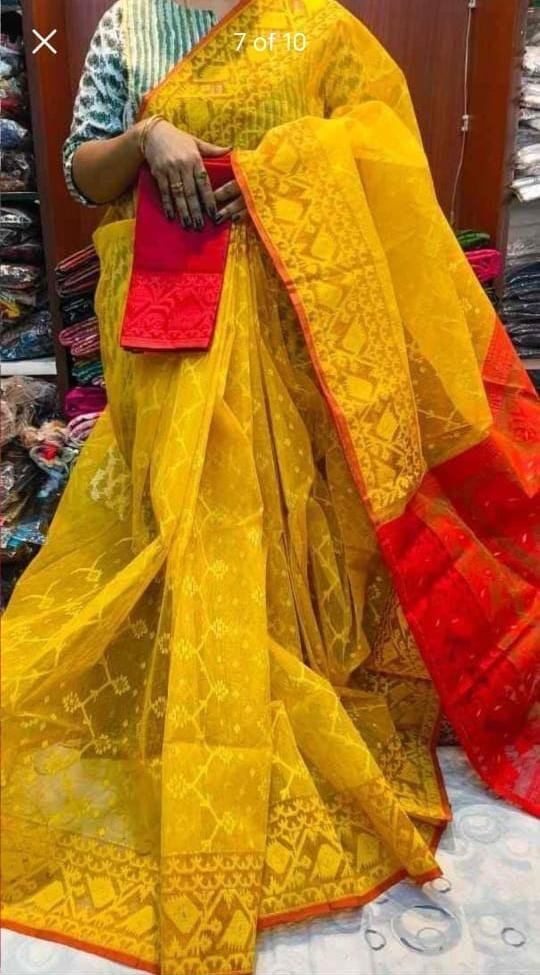 Jhumko Yellow Red  Soft Jamdani Saree