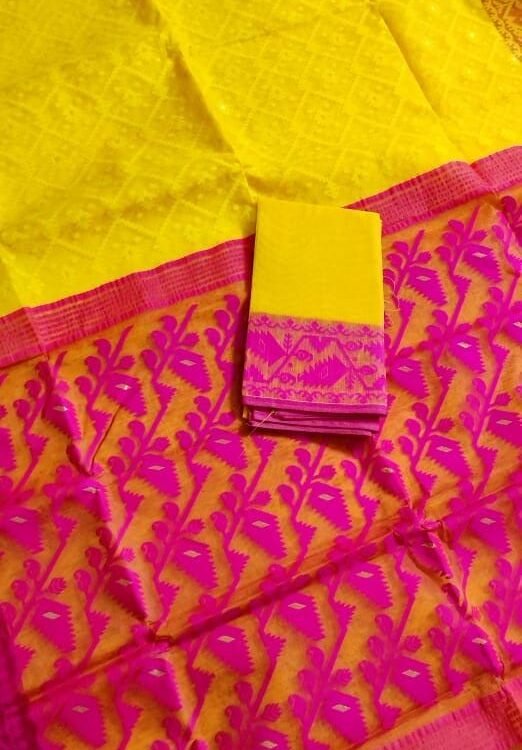 Jhumko Yellow Pink Soft Jamdani Saree