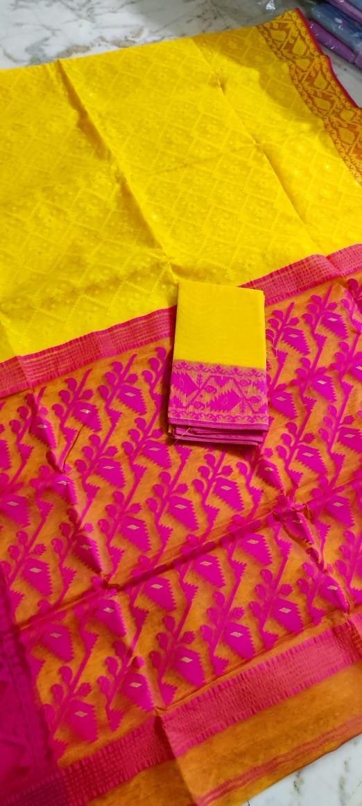 Jhumko Yellow Pink Soft Jamdani Saree