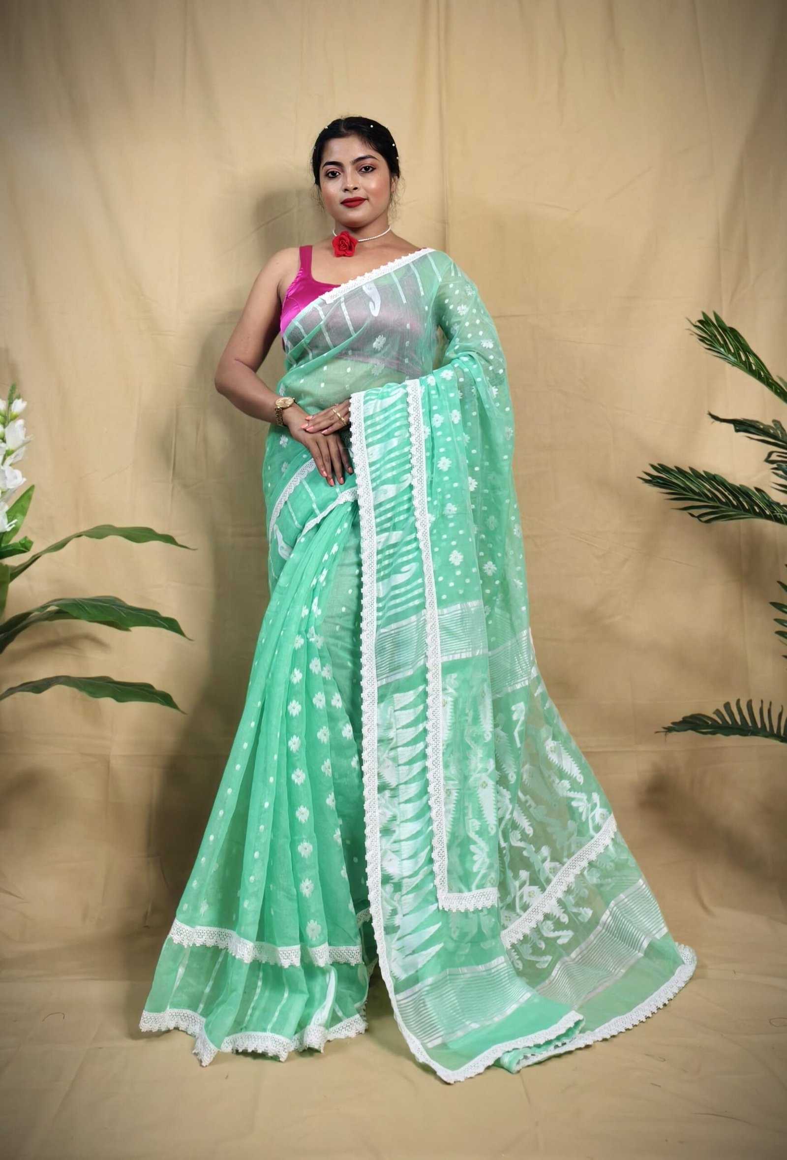 Rafel Firoja White Soft Jamdani Saree