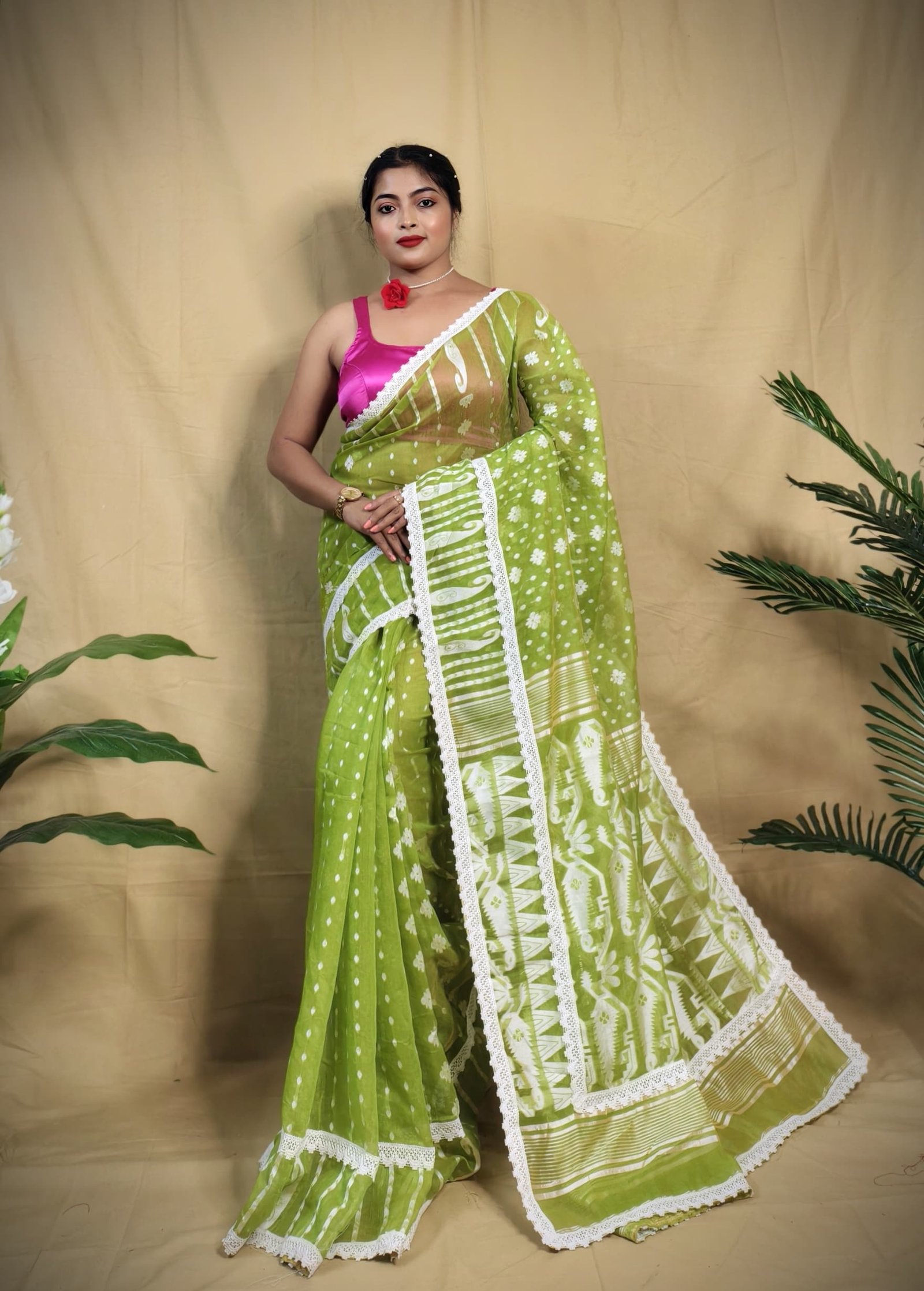 Rafel Pasta White Soft Jamdani Saree
