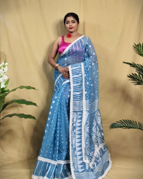 Rafel Blue White Soft Jamdani Saree
