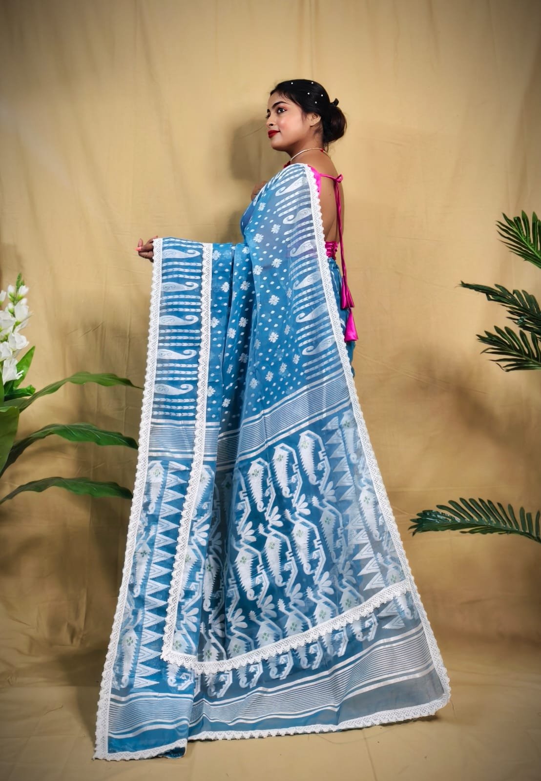Rafel Blue White Soft Jamdani Saree - Image 3