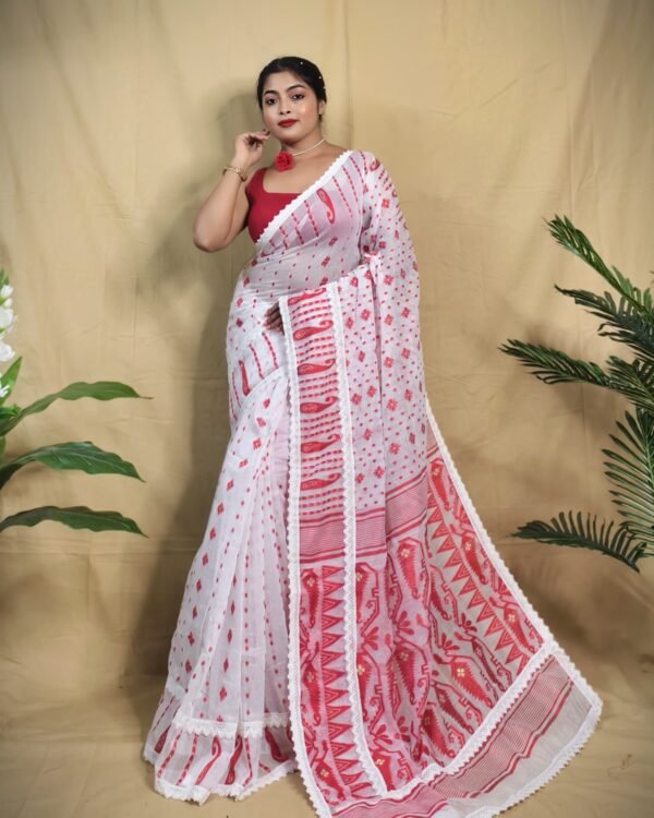 Rafel White Red Soft Jamdani Saree