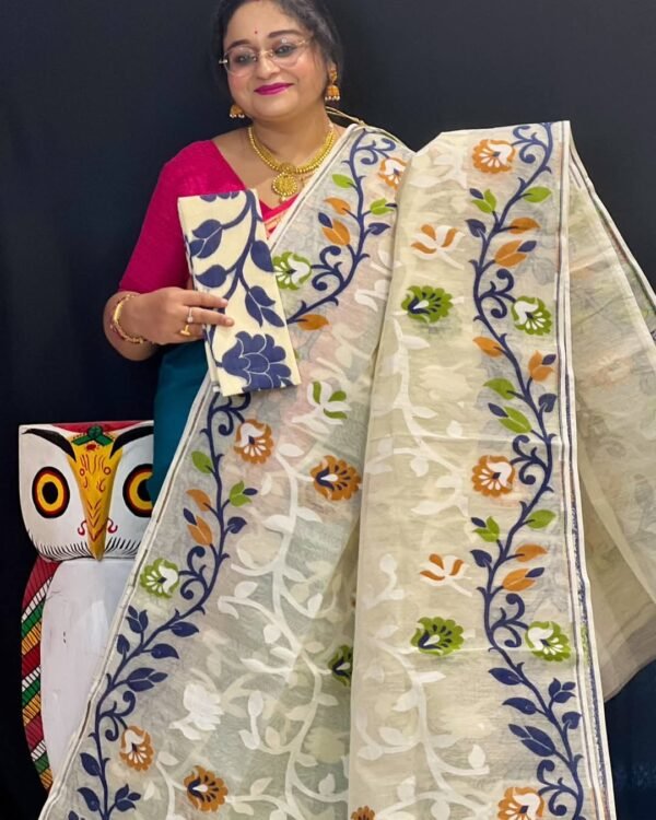 Tulip Soft Cream Blue Jamdani Saree