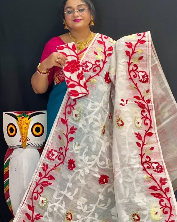 Tulip Soft White Red Jamdani Saree