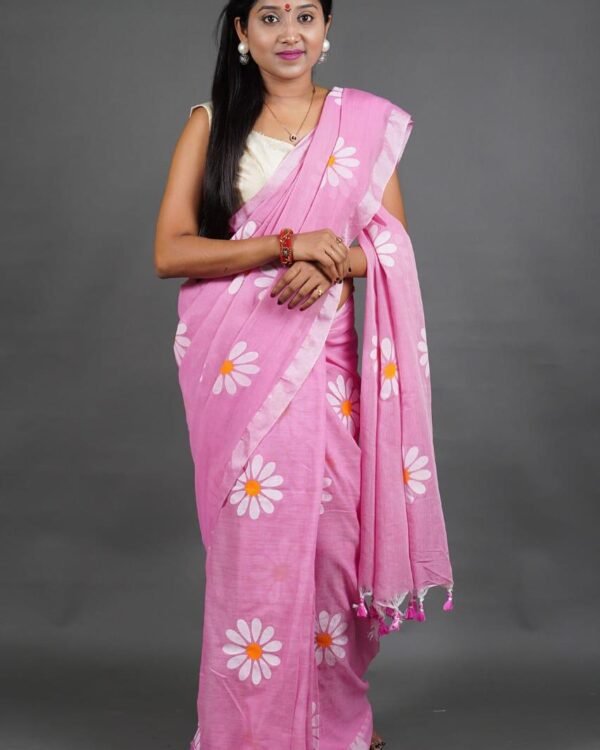 Flower Print Pink Soft Cotton Saree