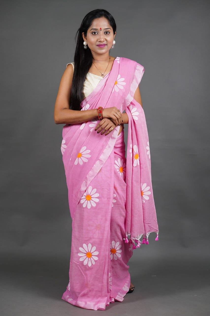 Flower Print Pink Soft Cotton Saree