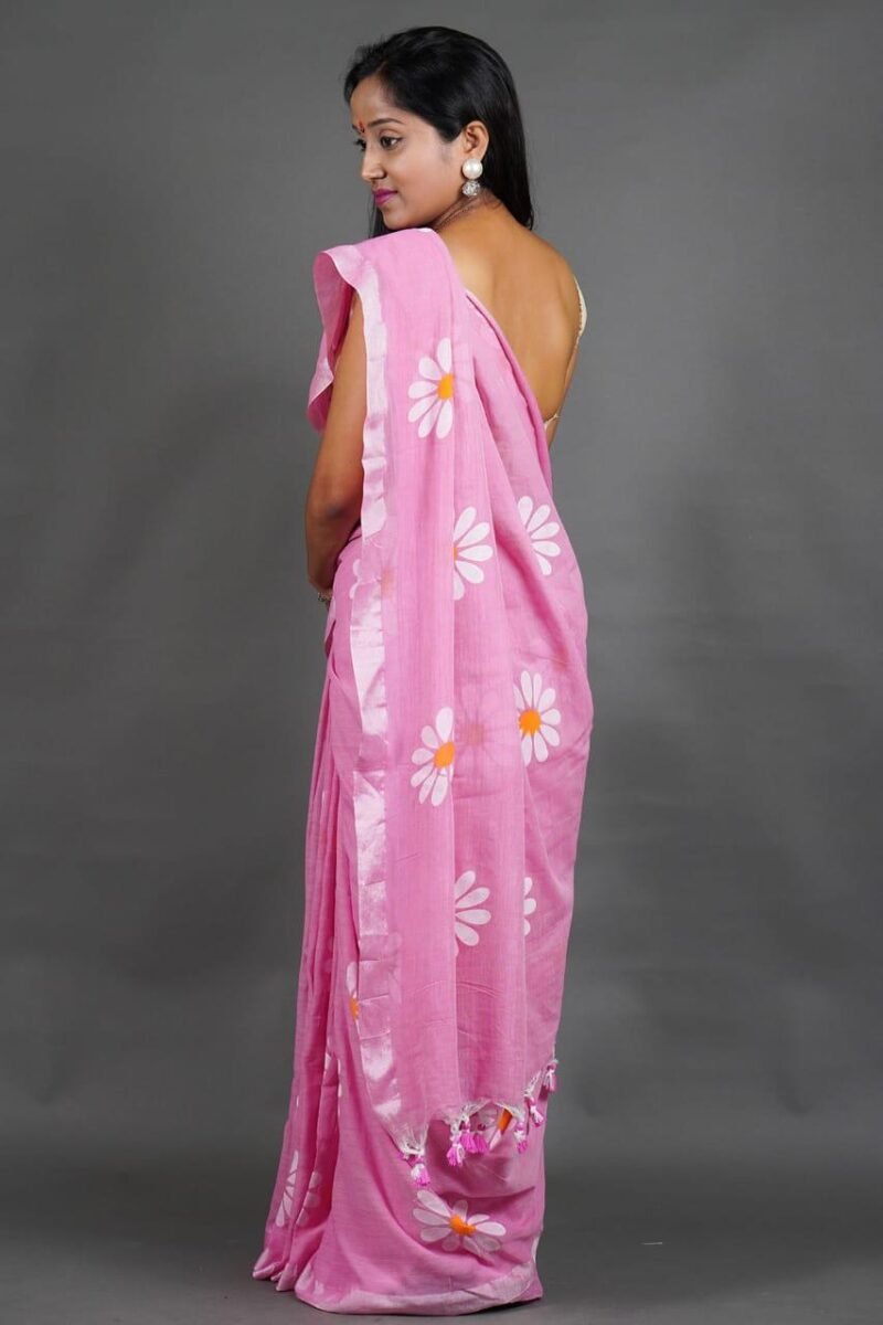Flower Print Pink Soft Cotton Saree - Image 2
