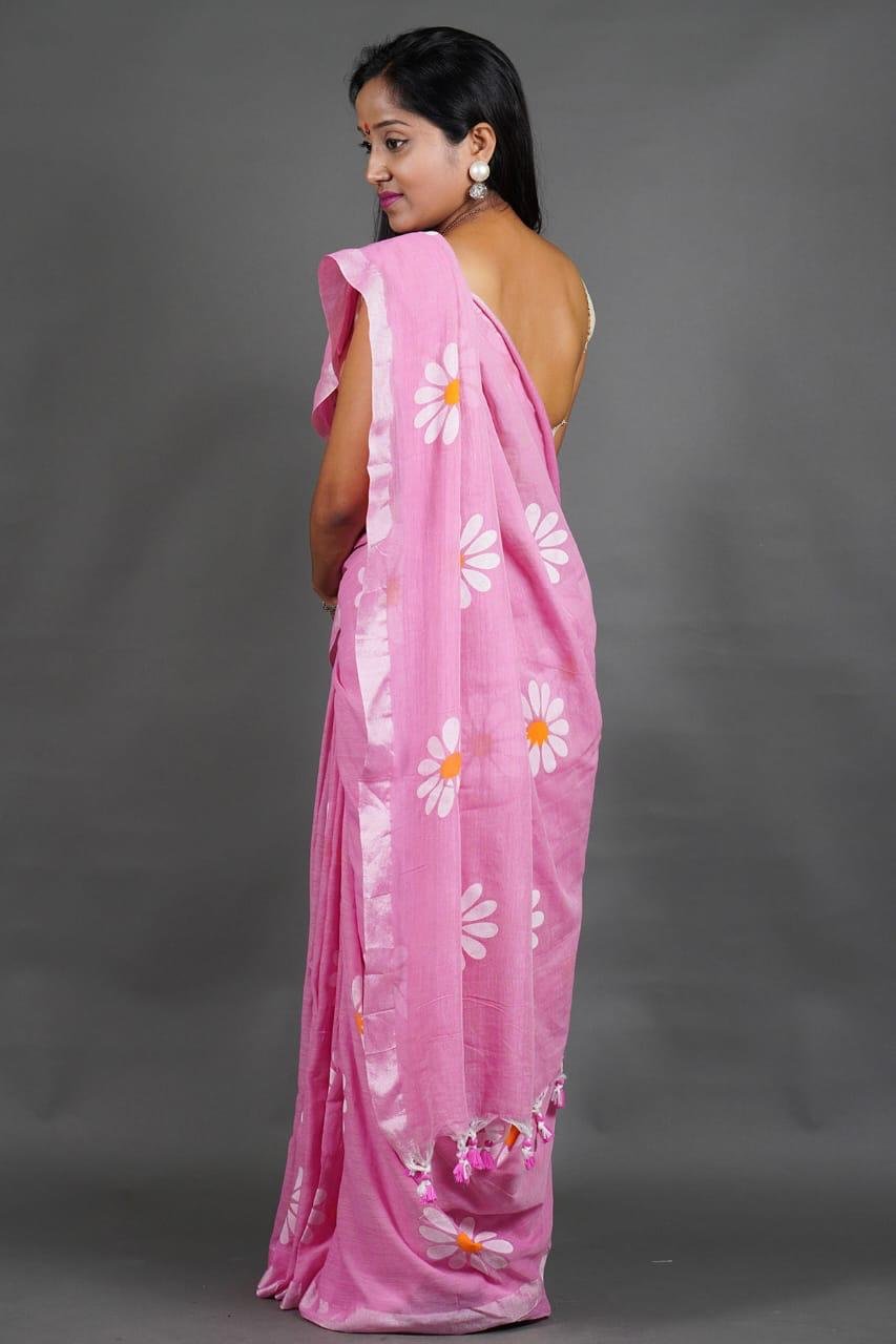 Flower Print Pink Soft Cotton Saree - Image 2
