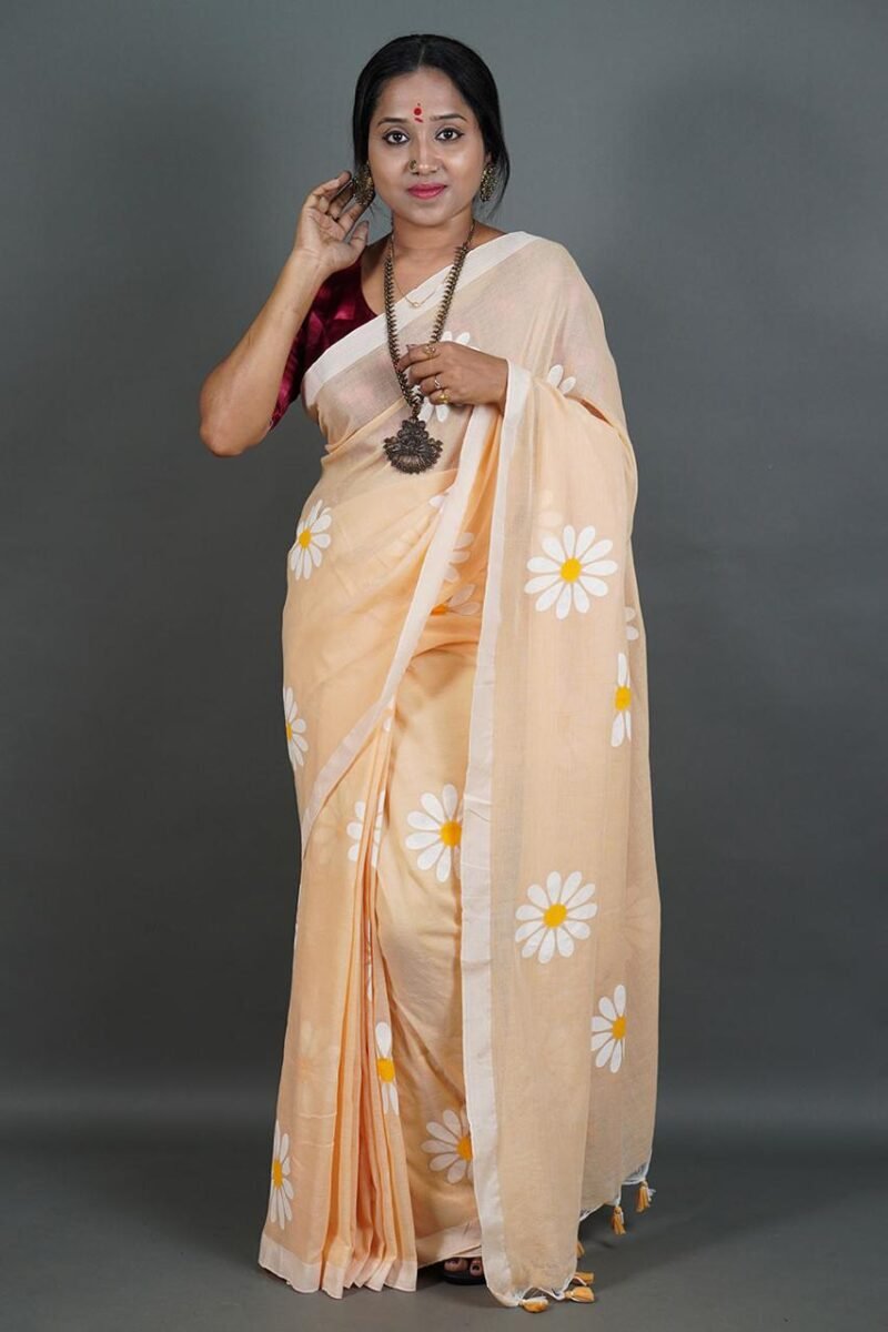 Flower Print Cream Soft Cotton Saree - Image 2