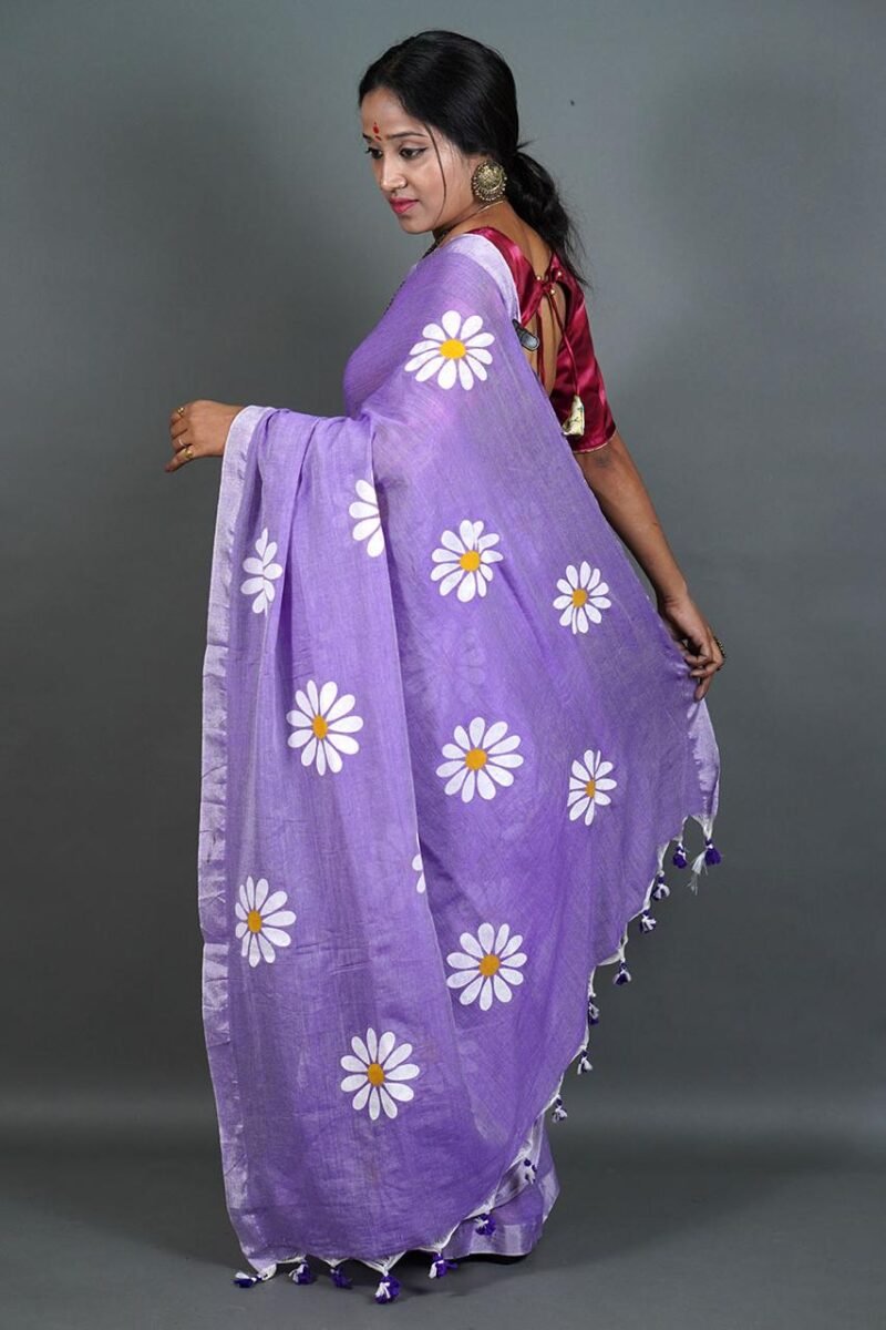 Flower Print Purple Soft Cotton Saree - Image 2